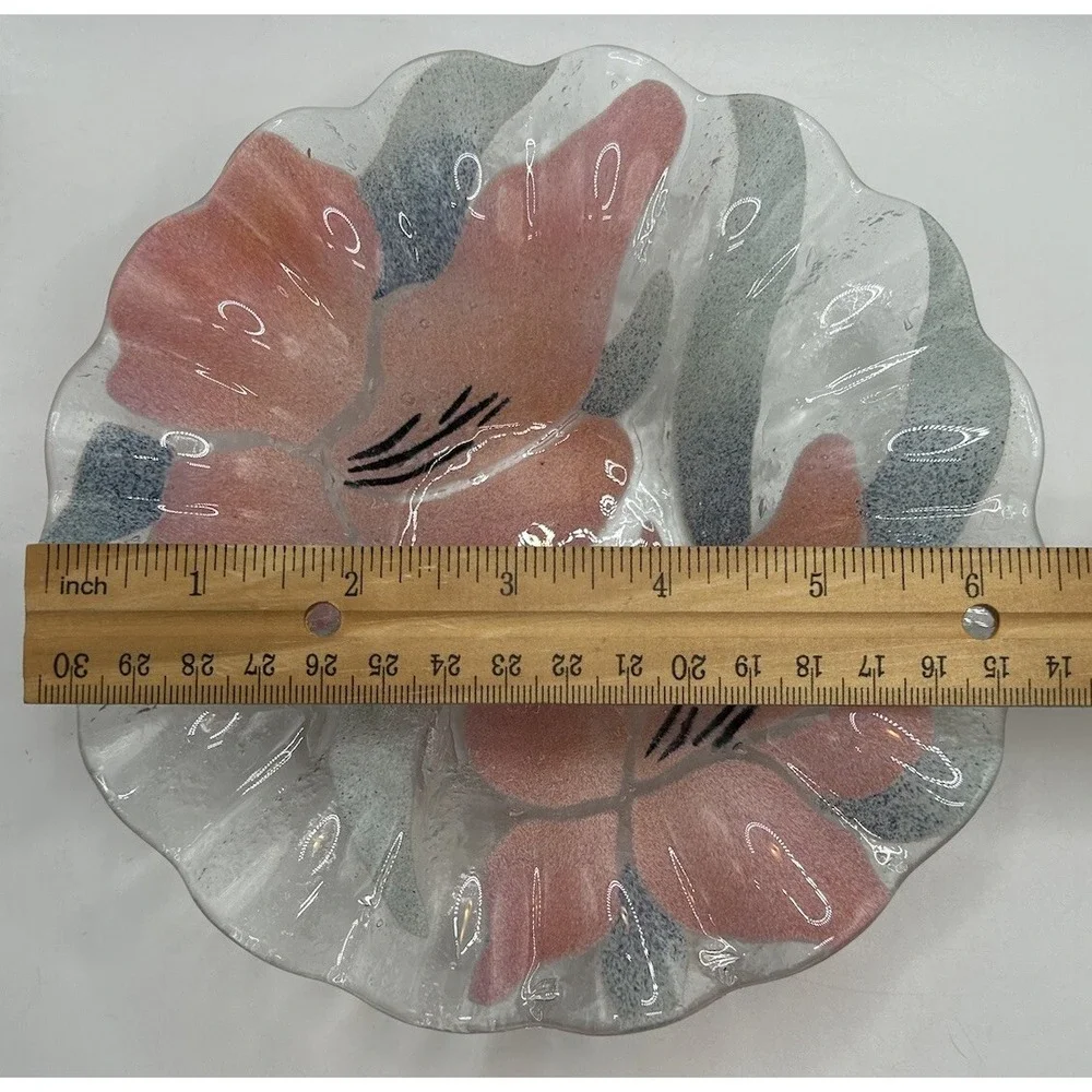 SYDENSTRICKER Fused Glass Fluted Small Bowl Pink Flowers Small Candy Dish‎ VTG